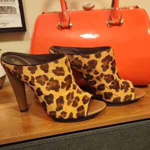 BCBGMaxAzria Leopard Print Open-Toe High Heel Mules - Brown